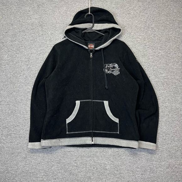 Vintage y2k 2000s black gray fuzzy fleece Harley Davidson women's zip up‎ Hoodie - Picture 2 of 9
